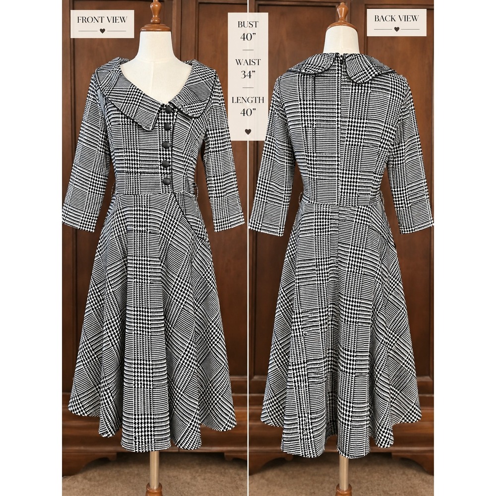 Voodoo Vixen Houndstooth Plaid Fit Flare Dress Black White XL Flocked Velvet